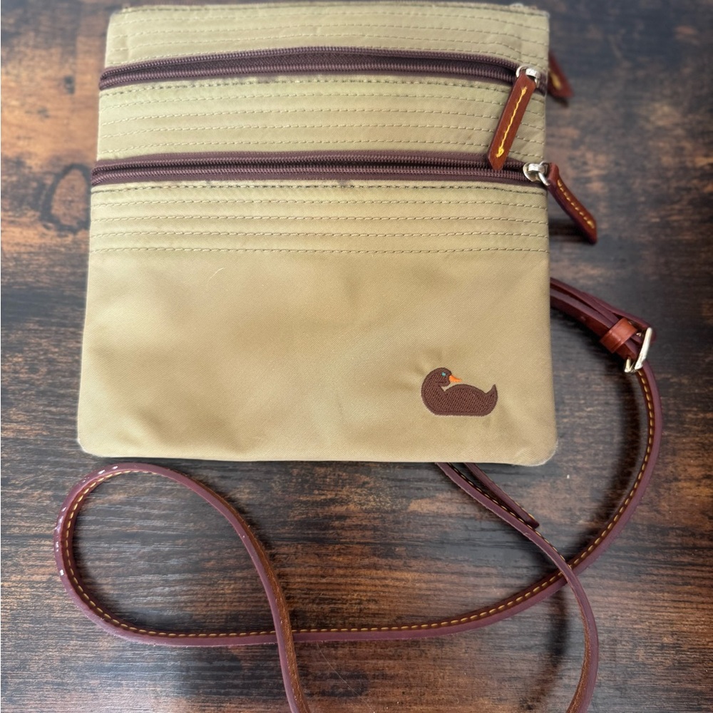 Dooney & Bourke Nylon Crossbody Bag Tan with Leather Trim and Pink Lining